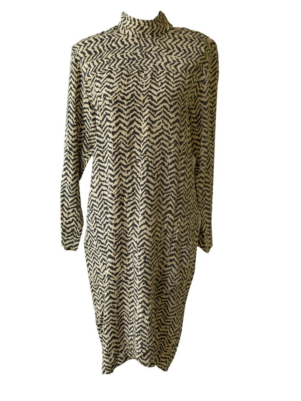 Lloyd Williams Tan Silk Dress Deadstock Vintage Brige Zebra Mock neck Midi